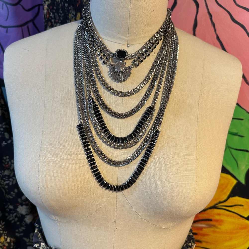 Elegant Silver and Black Layered Necklace